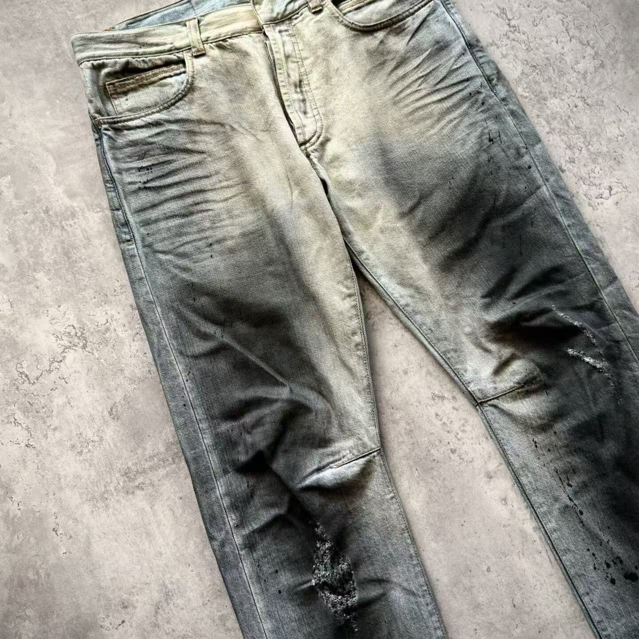 Balmain 11SS Ice Blue Wash Ghost‑Claw Oil‑Stain Splatter Curved Denim Jeans