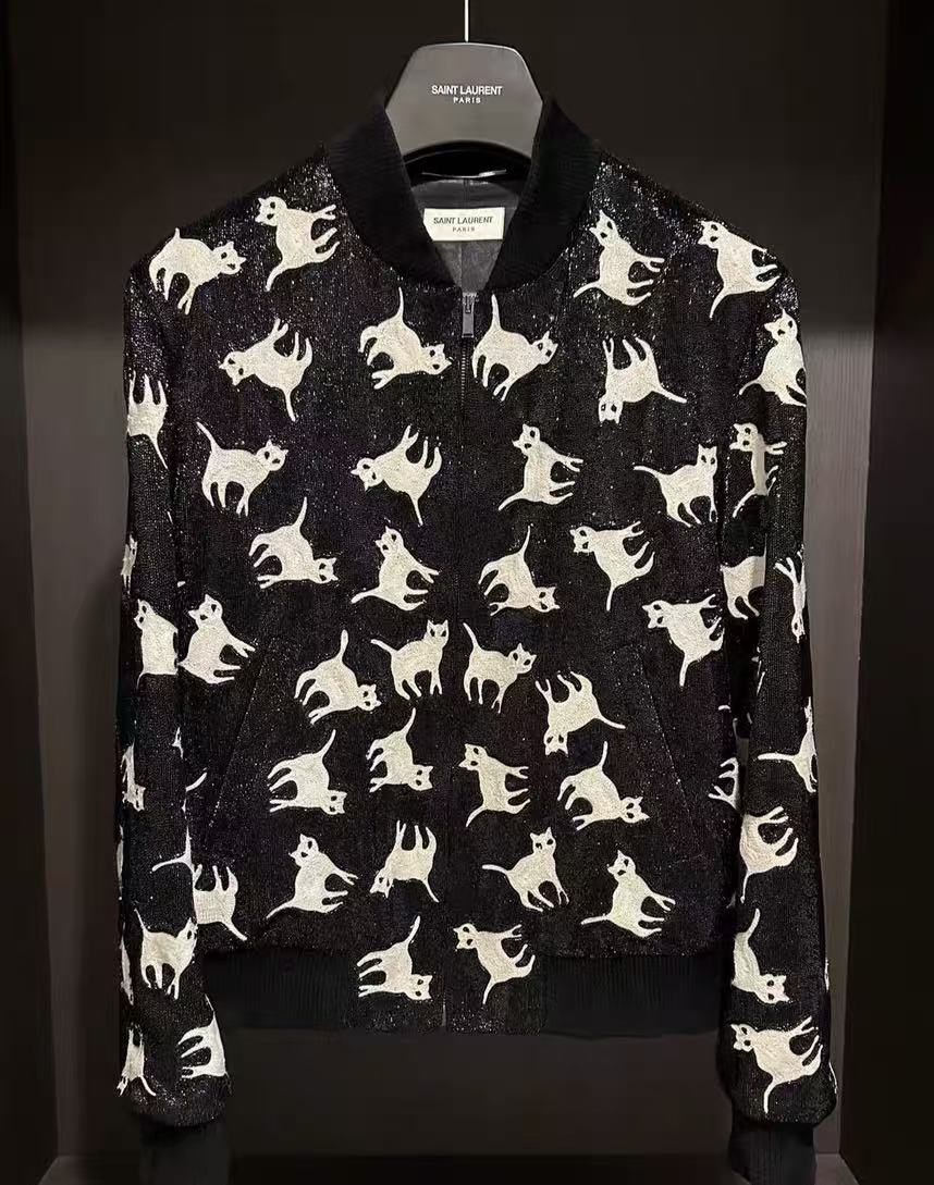 Saint Laurent 18FW Black Sequin Cat Embroidered Jacket
