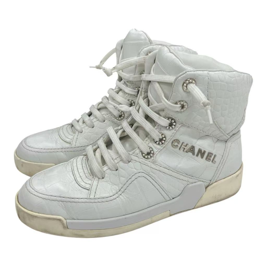 Chanel 2019 White Crocodile Embossed High Top Sneakers