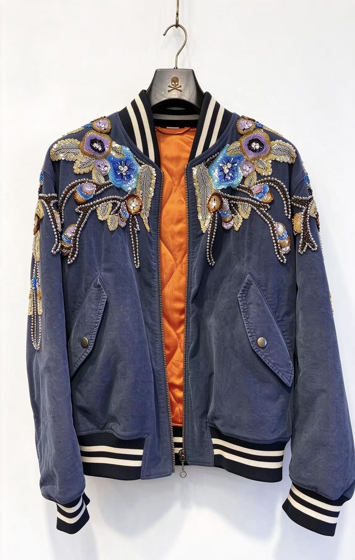 Gucci 17AW Floral Beaded Embellished Corduroy Bomber Jacket