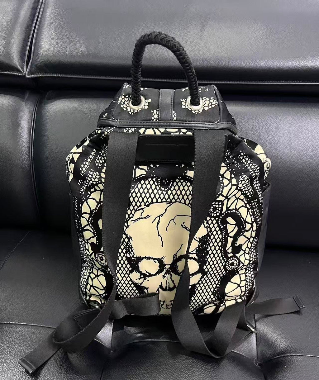 Alexander Mcqueen 14SS Skull Lace‑Print Drawstring Backpack