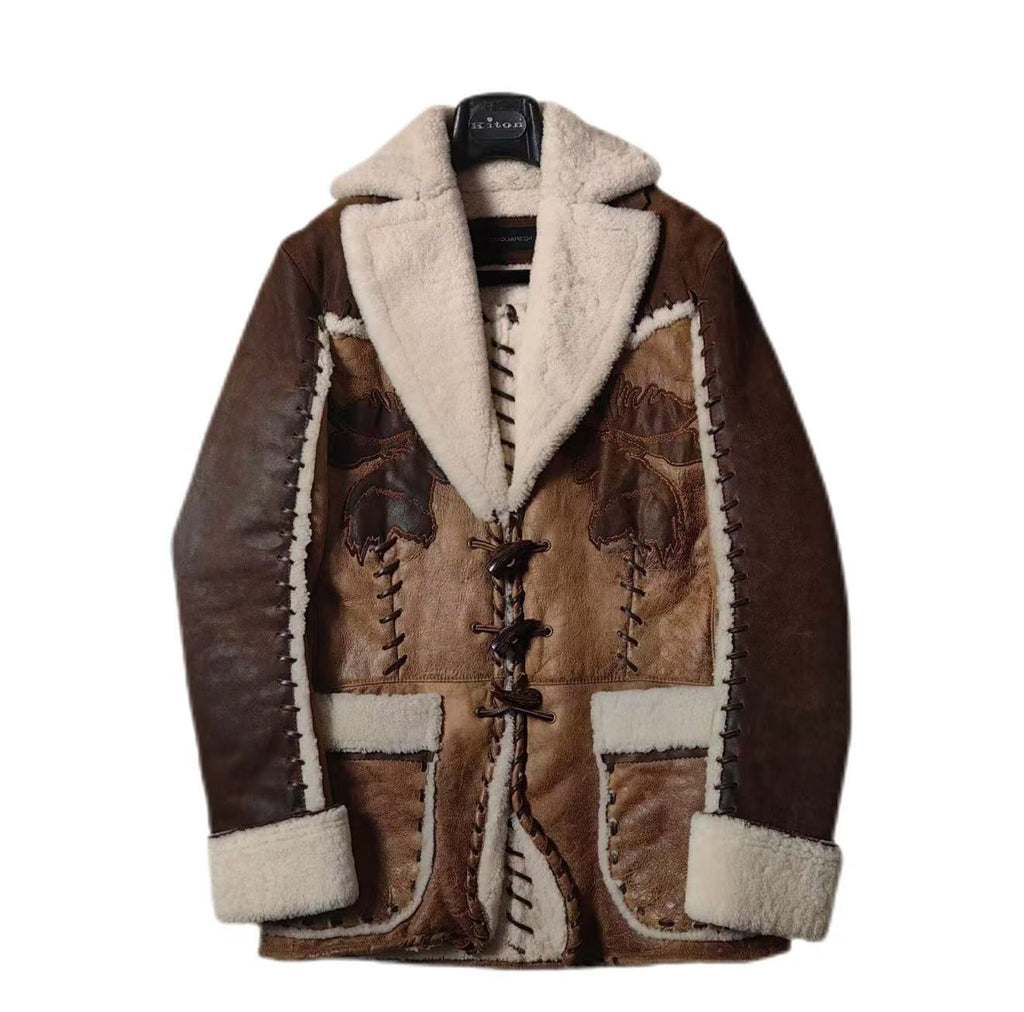 DSQUARED2 Vintage Deer Embroidery Shearling Coat