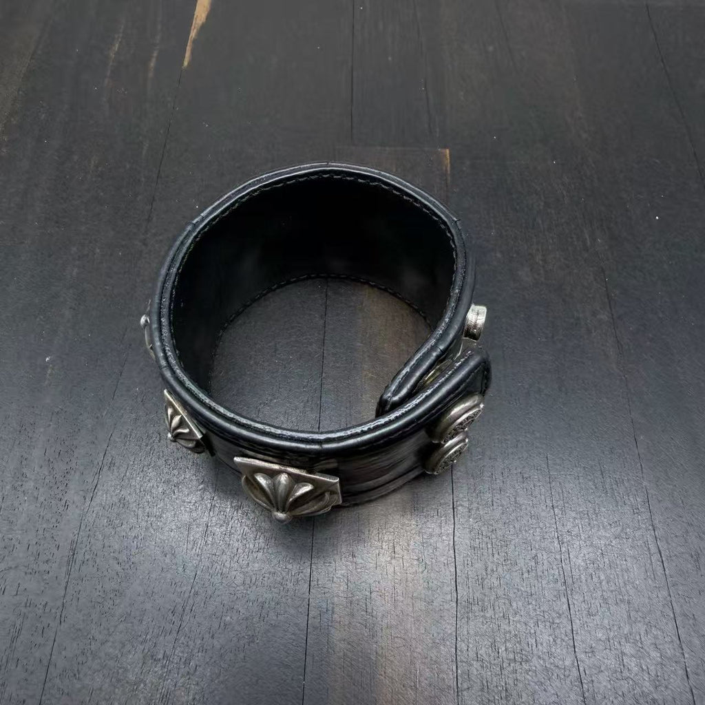 Chrome Hearts Studded Maltese Cross Leather Cuff Bracelet