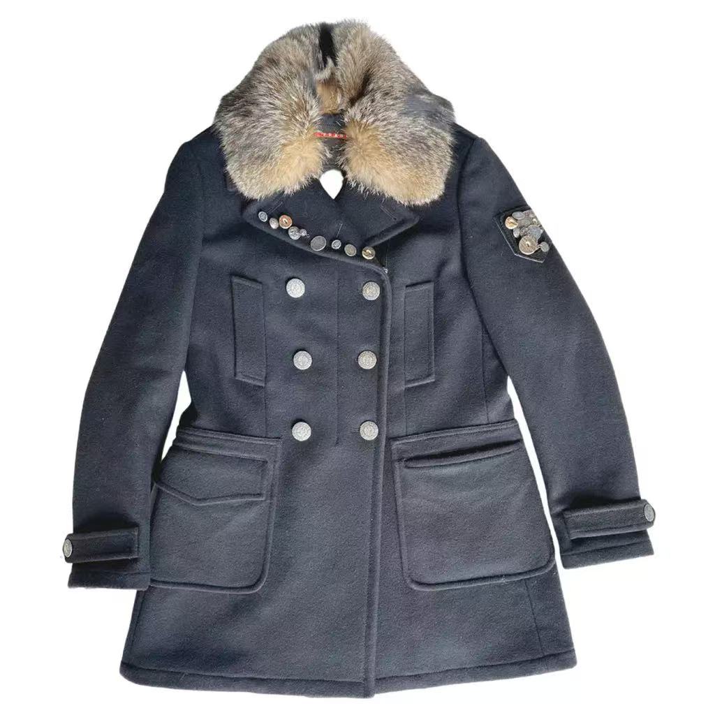 Prada 06AW Pins Fur Collar Black Wool Jacket