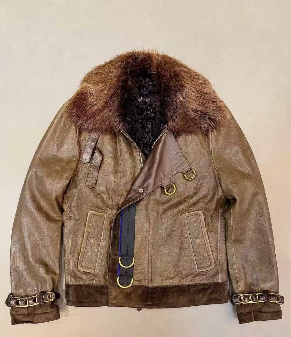 Gucci FW08 Runway Fur Collar Strap Leather Jacket