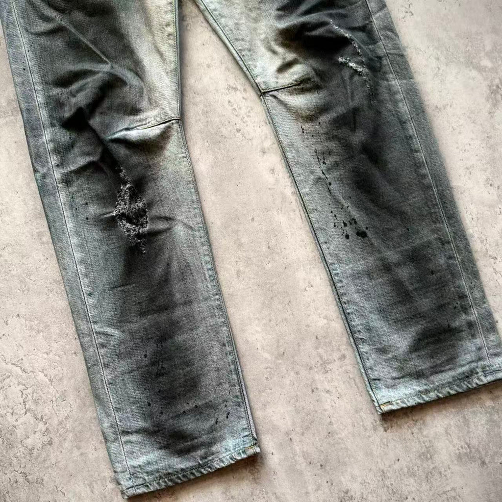 Balmain 11SS Ice Blue Wash Ghost‑Claw Oil‑Stain Splatter Curved Denim Jeans
