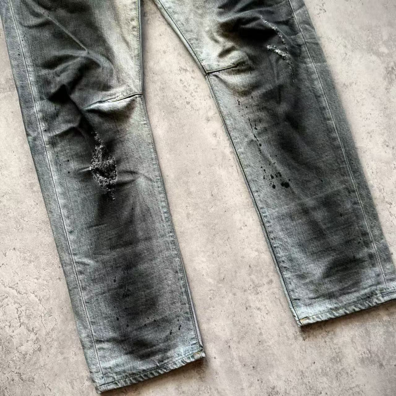 Balmain 11SS Ice Blue Wash Ghost‑Claw Oil‑Stain Splatter Curved Denim Jeans