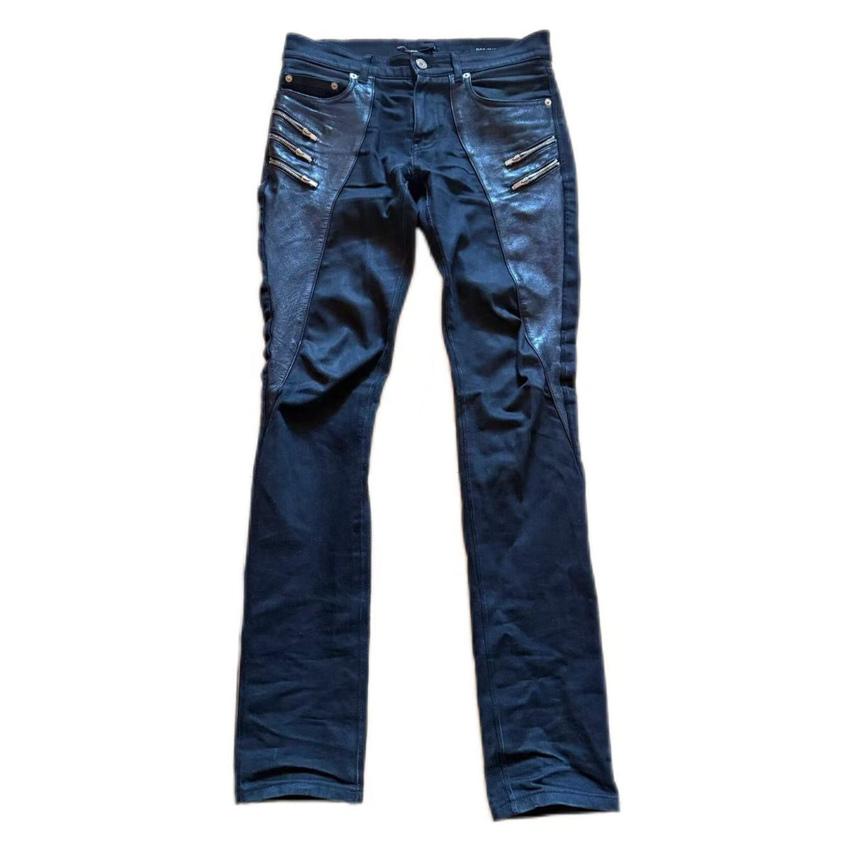 Saint Laurent Paris 5-Zip Biker Leather Paneled Denim Jeans