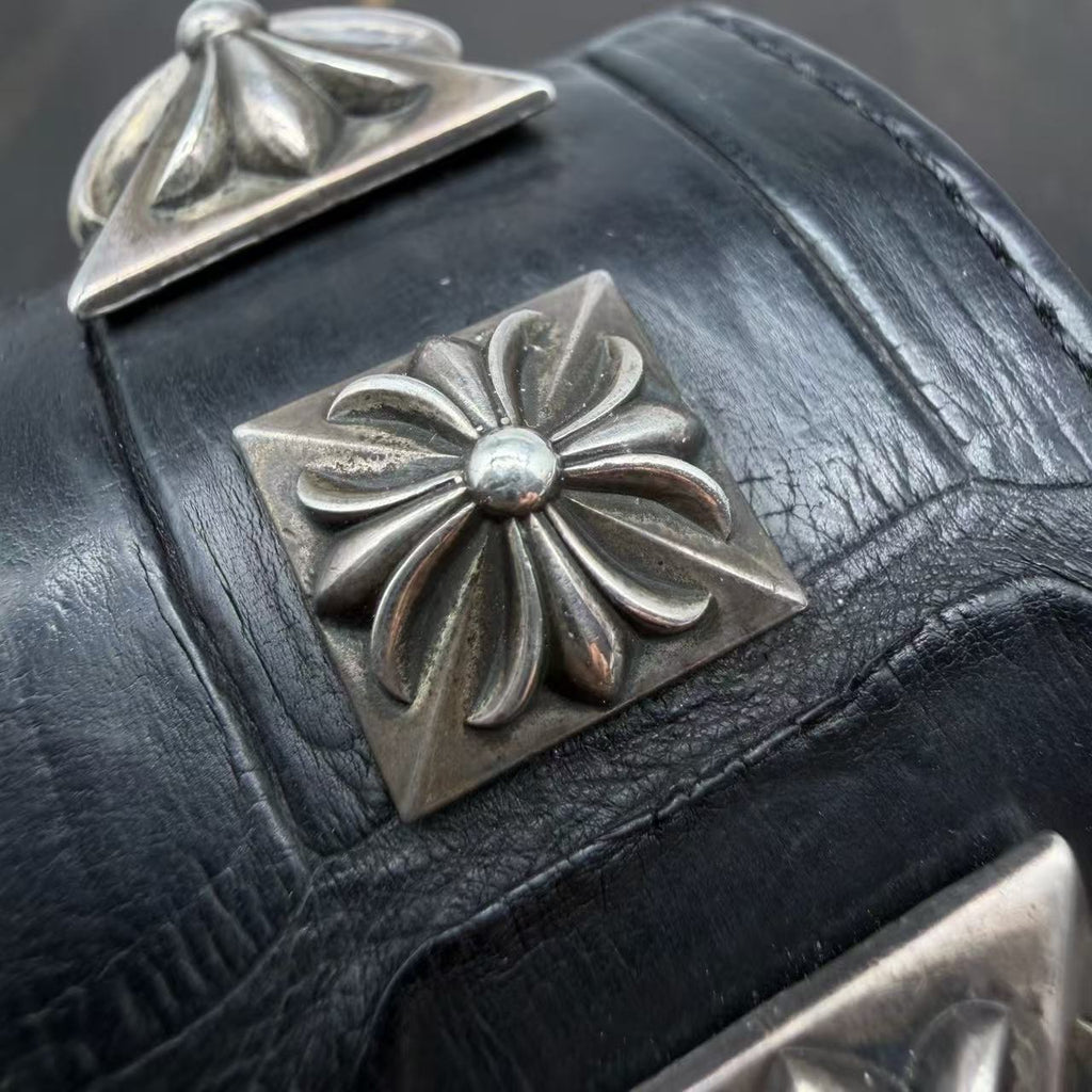 Chrome Hearts Studded Maltese Cross Leather Cuff Bracelet
