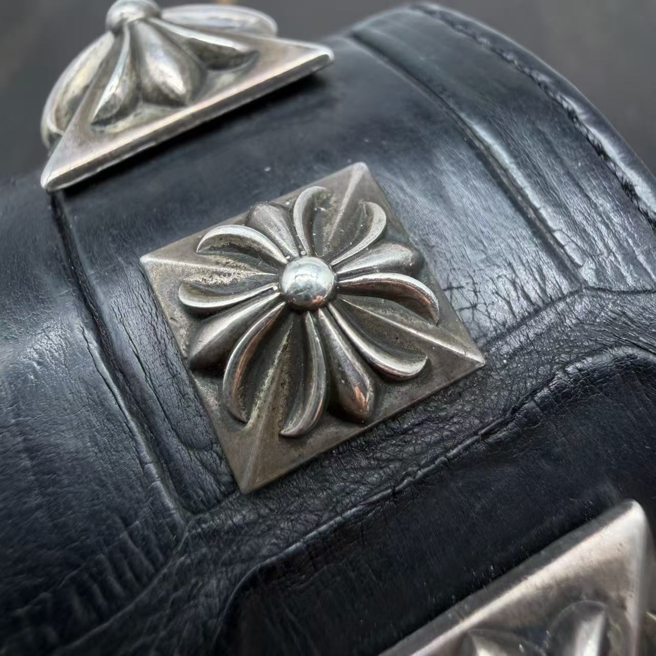 Chrome Hearts Studded Maltese Cross Leather Cuff Bracelet
