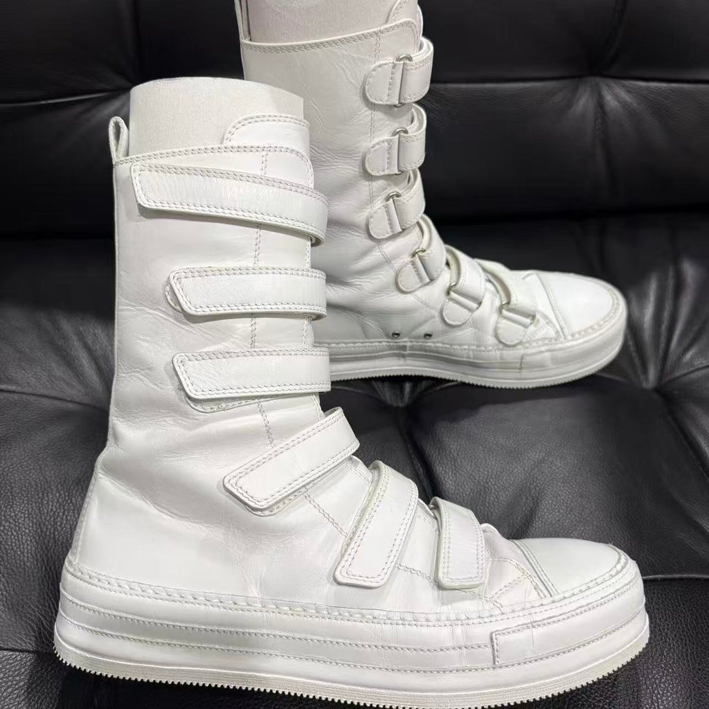 Ann Demeulemeester White 6 Strap Velcro High Top Leather Boots