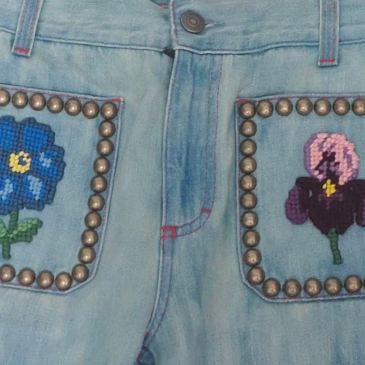 Gucci 17SS Studded Floral Embroidered Flare Jeans