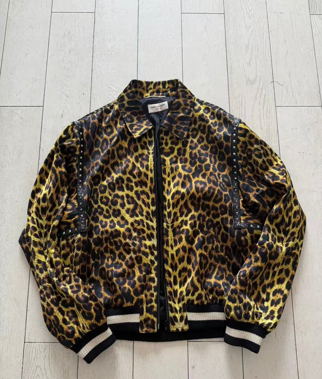 Sanit Laurent 16SS Leopard-print Satin Harrington Jakcet