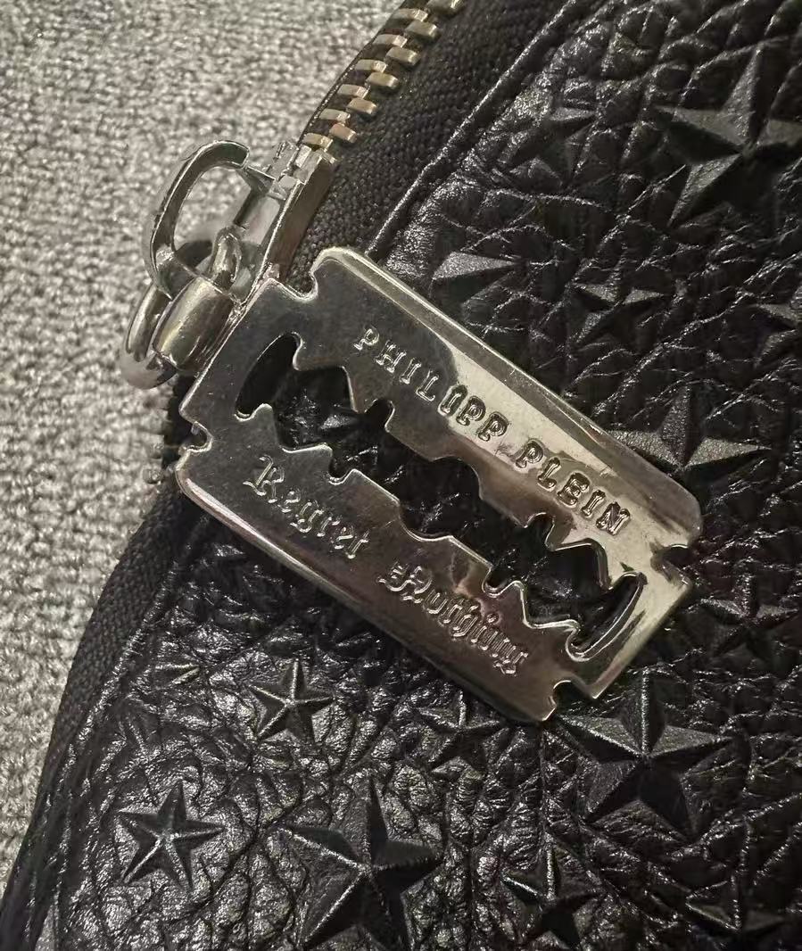 Philipp Plein Star Deboss Pistol Embossed Black Leather Backpack