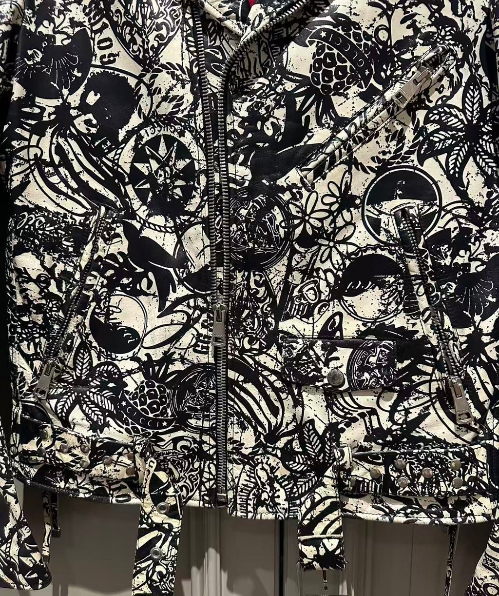 Gucci 18SS Graffiti Bird Print Biker Leather Jacket