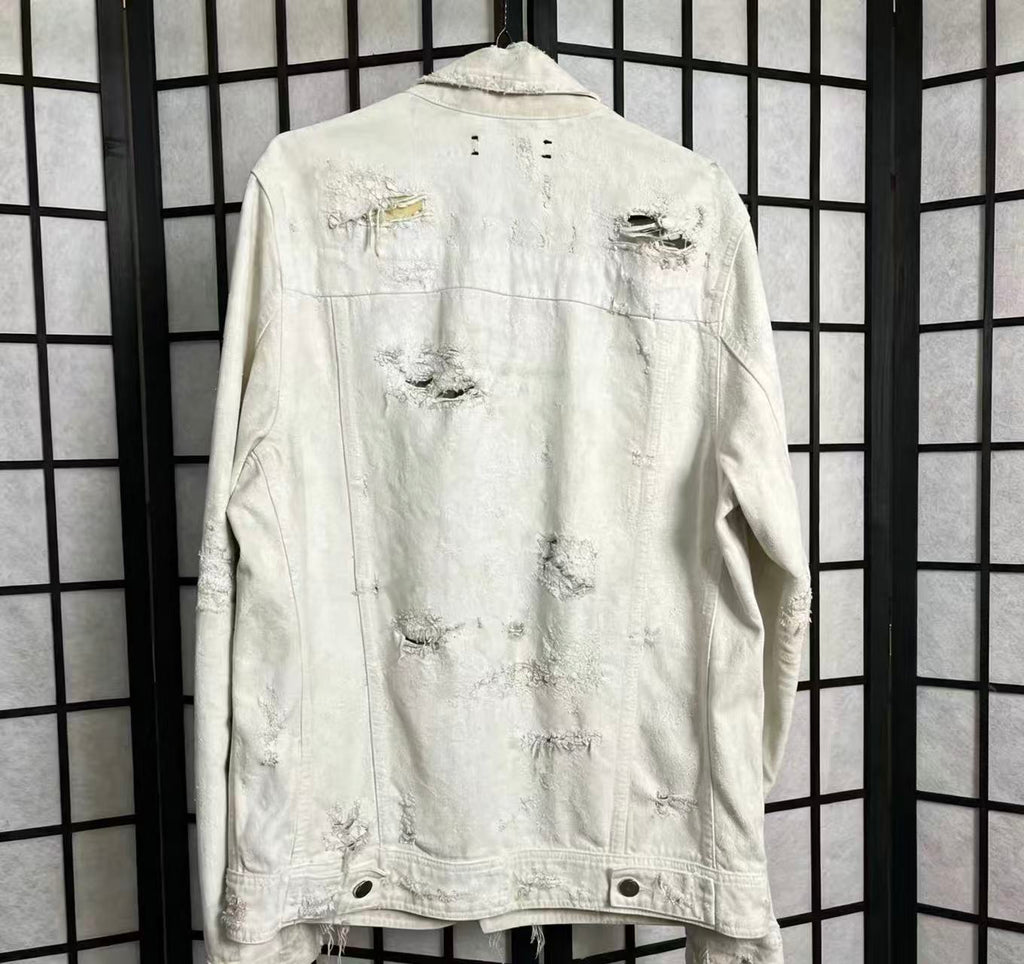 AMIRI 15ss White Heavy Distressed Full Zip Trucker Denim Jacket