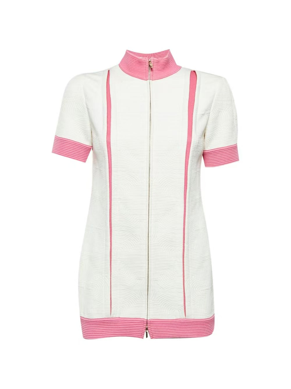 Chanel 2016 Cruise Seoul Runway White‑Pink Jacquard Zip‑Up Short Sleeve Jacket