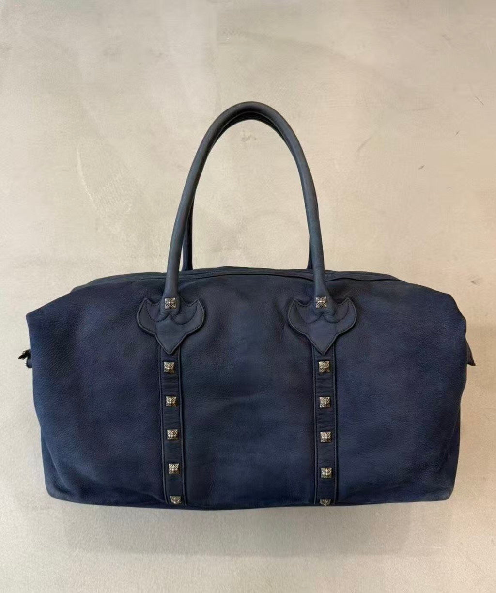 Chrome Hearts Navy Suede Cross Studded Duffle Travel Bag