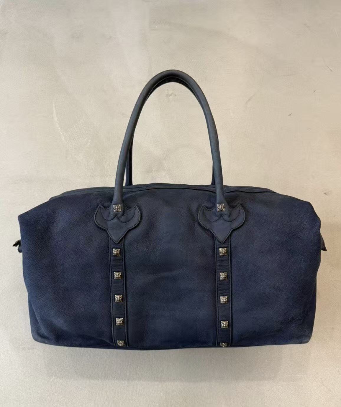 Chrome Hearts Navy Suede Cross Studded Duffle Travel Bag