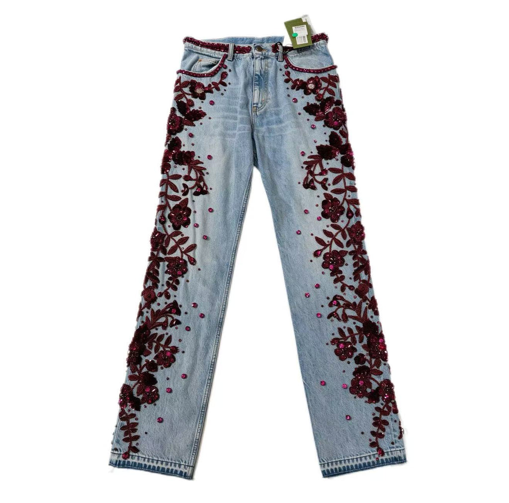 Gucci 23SS Burgundy Beaded Floral Embroidered Washed Denim Pants