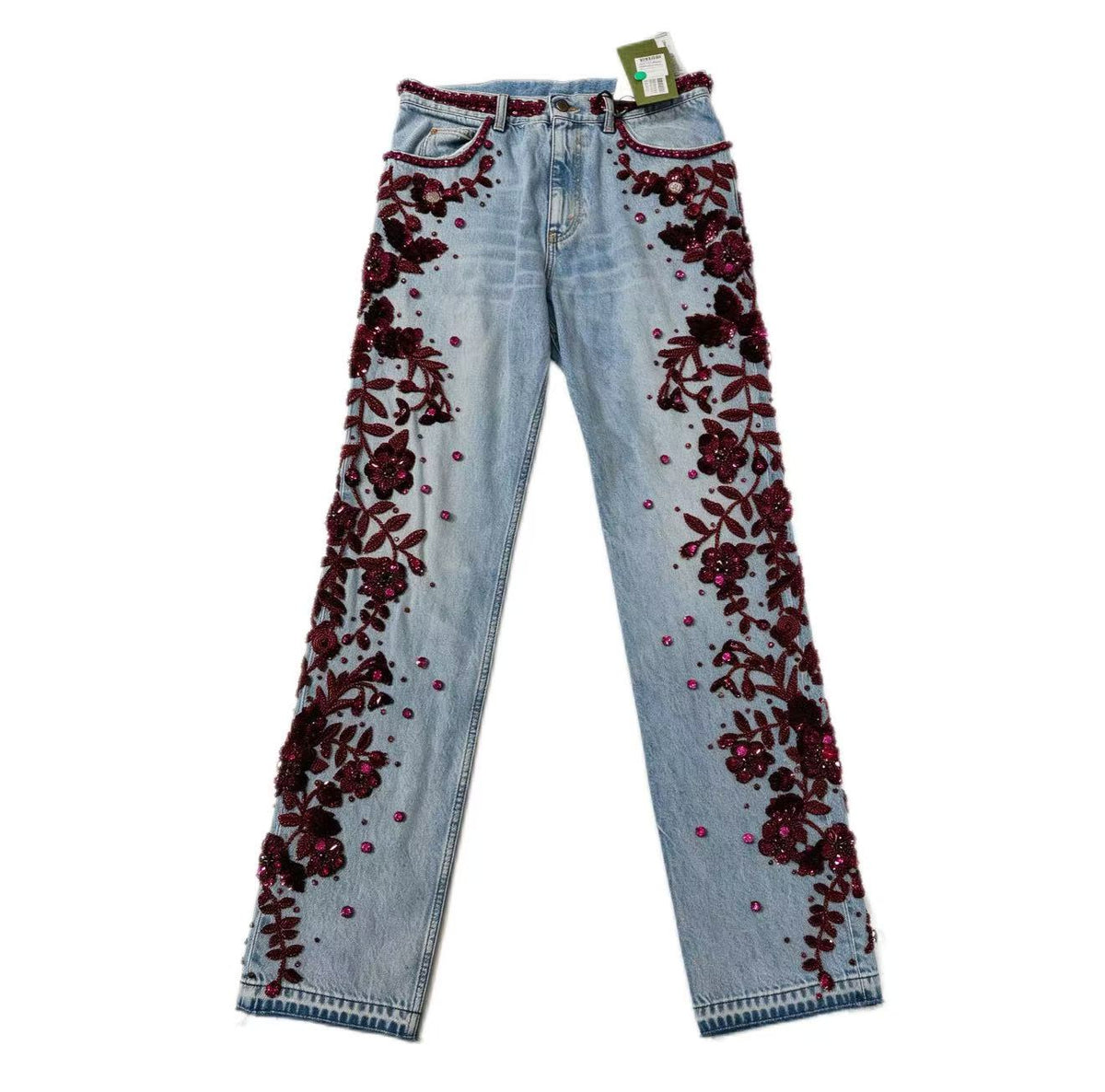 Gucci 23SS Burgundy Beaded Floral Embroidered Washed Denim Pants