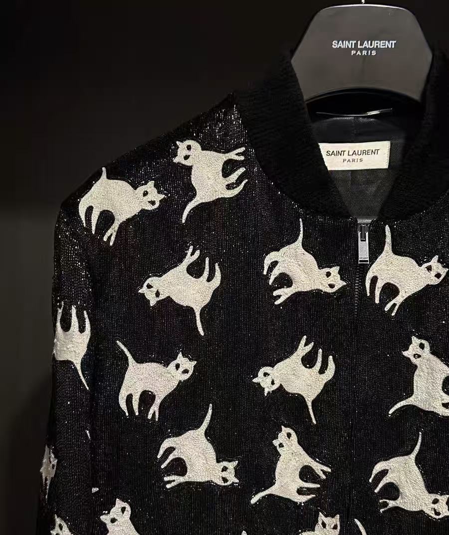 Saint Laurent 18FW Black Sequin Cat Embroidered Jacket