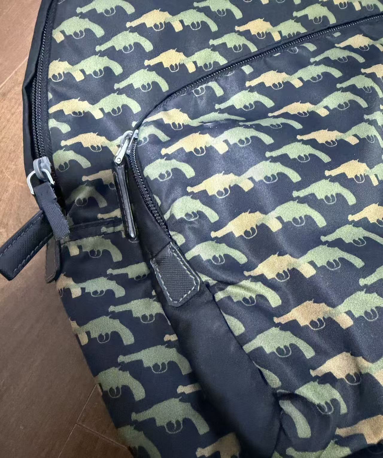 Prada 14AW Black & Green Guns Tessuto Nylon Backpack