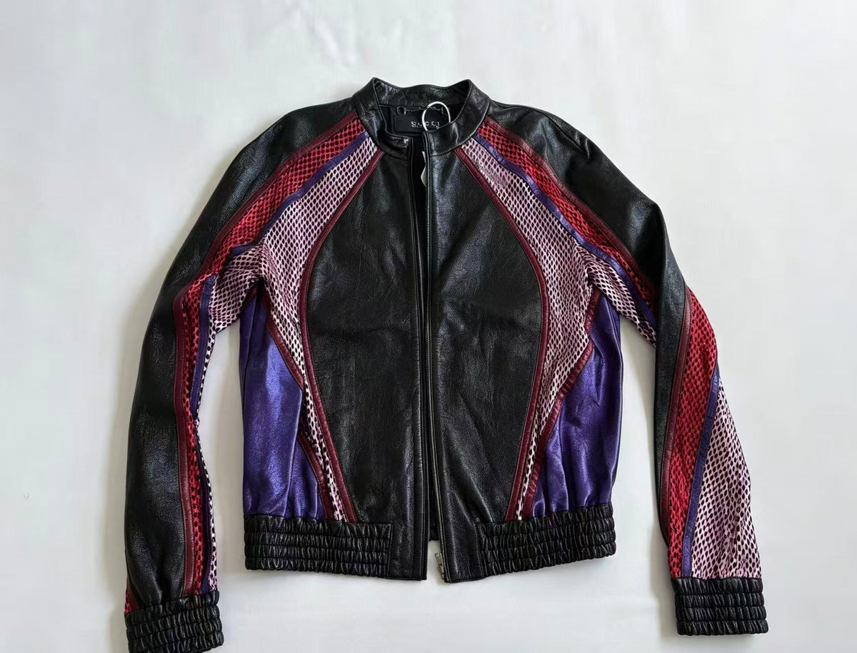 Gucci 14FW Multicolor Mesh Panel Leather Bomber Jacket