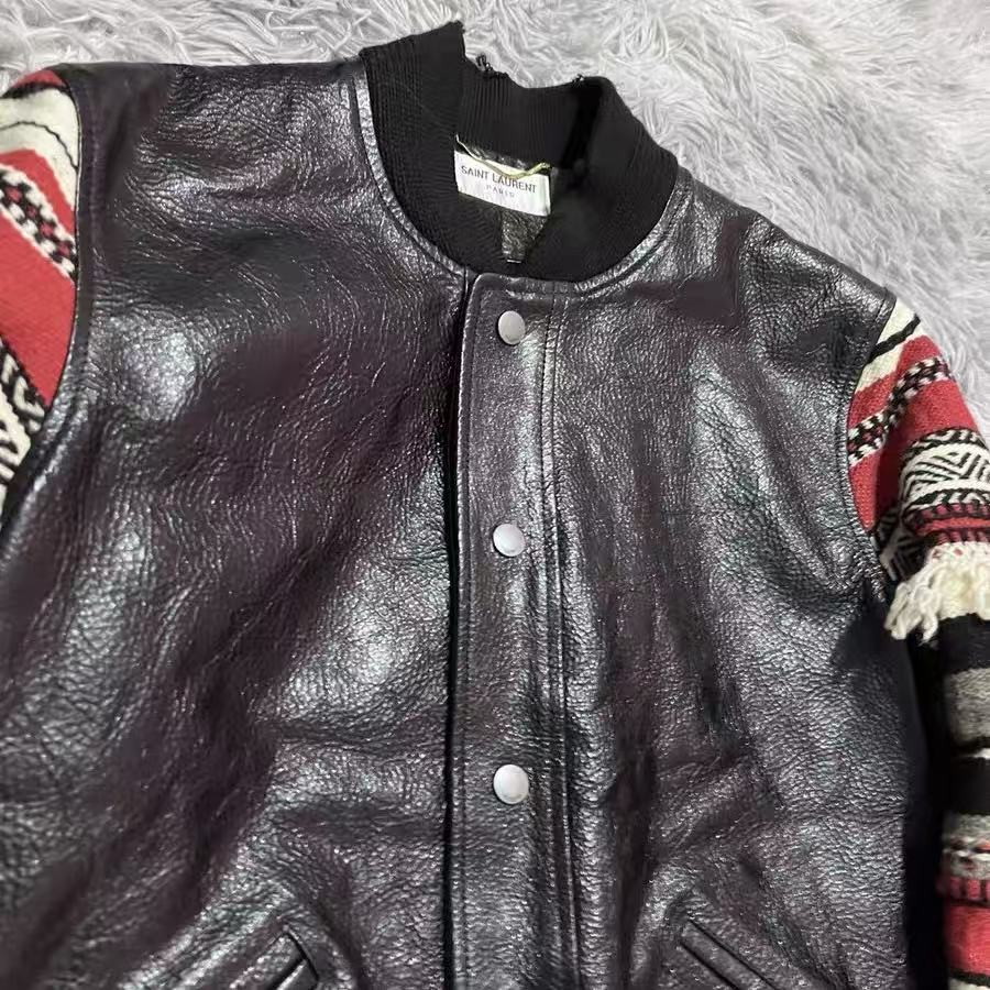 Saint Laurent 17FW Navajo Fringe Leather Teddy Varsity Jacket