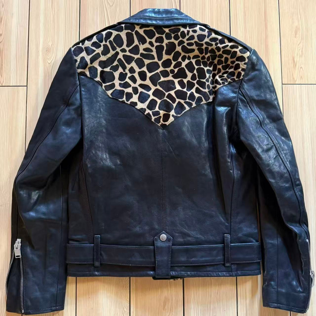Saint Laurent 14AW Leopard Giraffe Panel Leather Biker Jacket