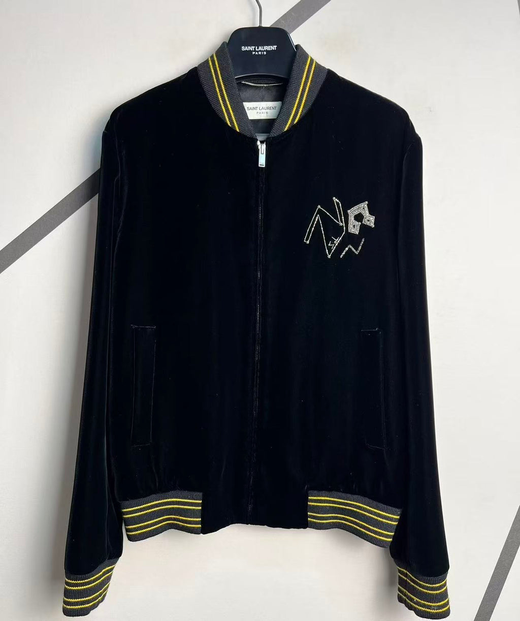 Saint Laurent 19FW Black Velvet Teddy Radio Bomber Jacket