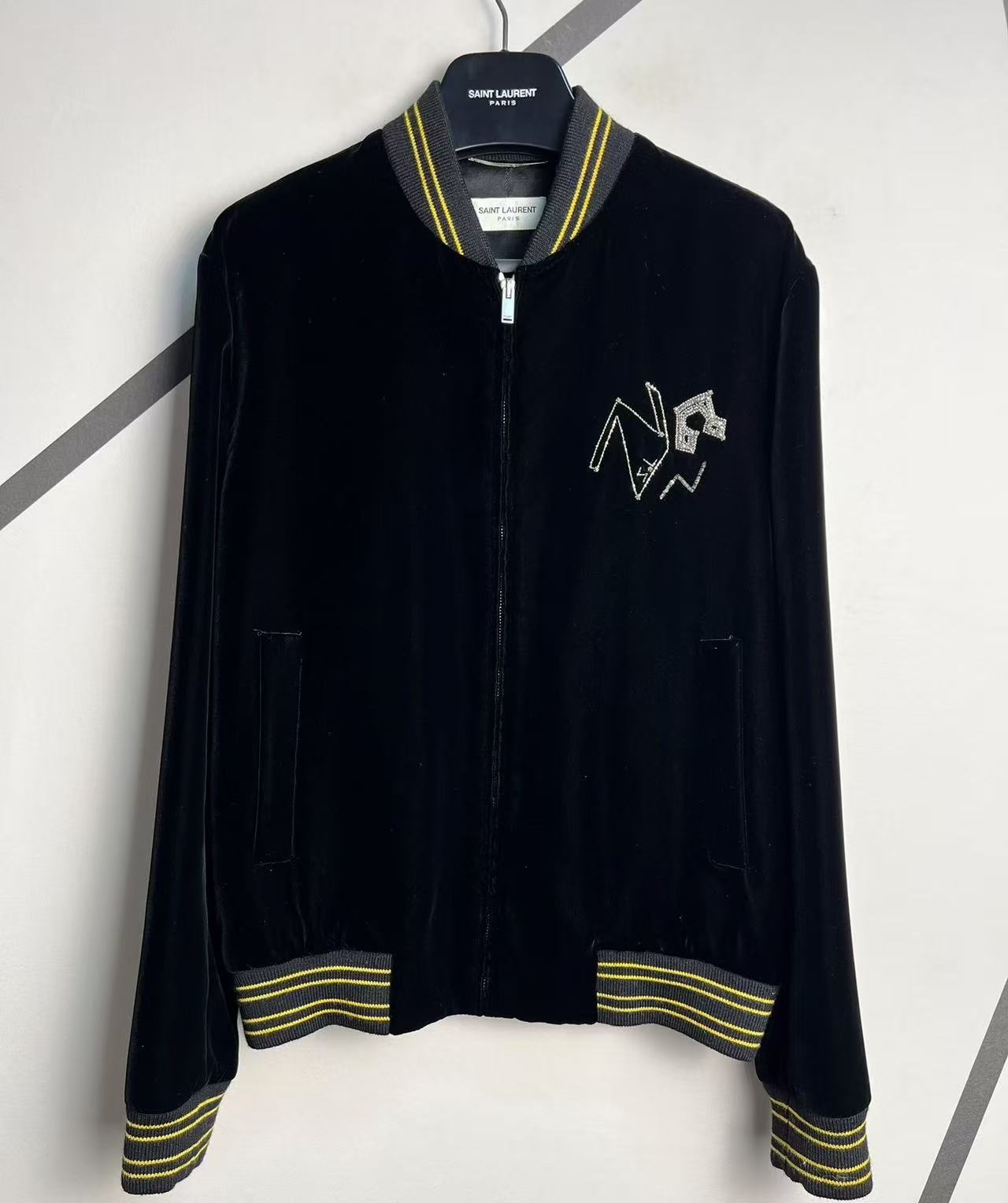 Saint Laurent 19FW Black Velvet Teddy Radio Bomber Jacket