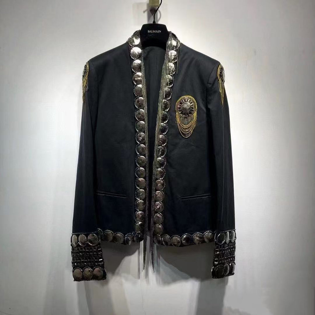 Balmain FW2016 Metal Coin Embellished Open Blazer Jacket