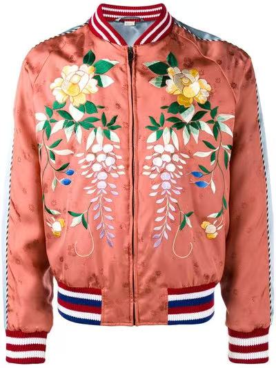Gucci 17SS Wisteria Floral Embroidered Pink Silk Bomber Jacket