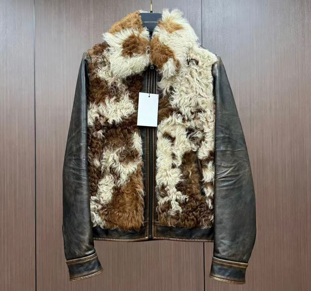Prada 17AW Colorblock Pattern Shearling Lamb Leather Jacket