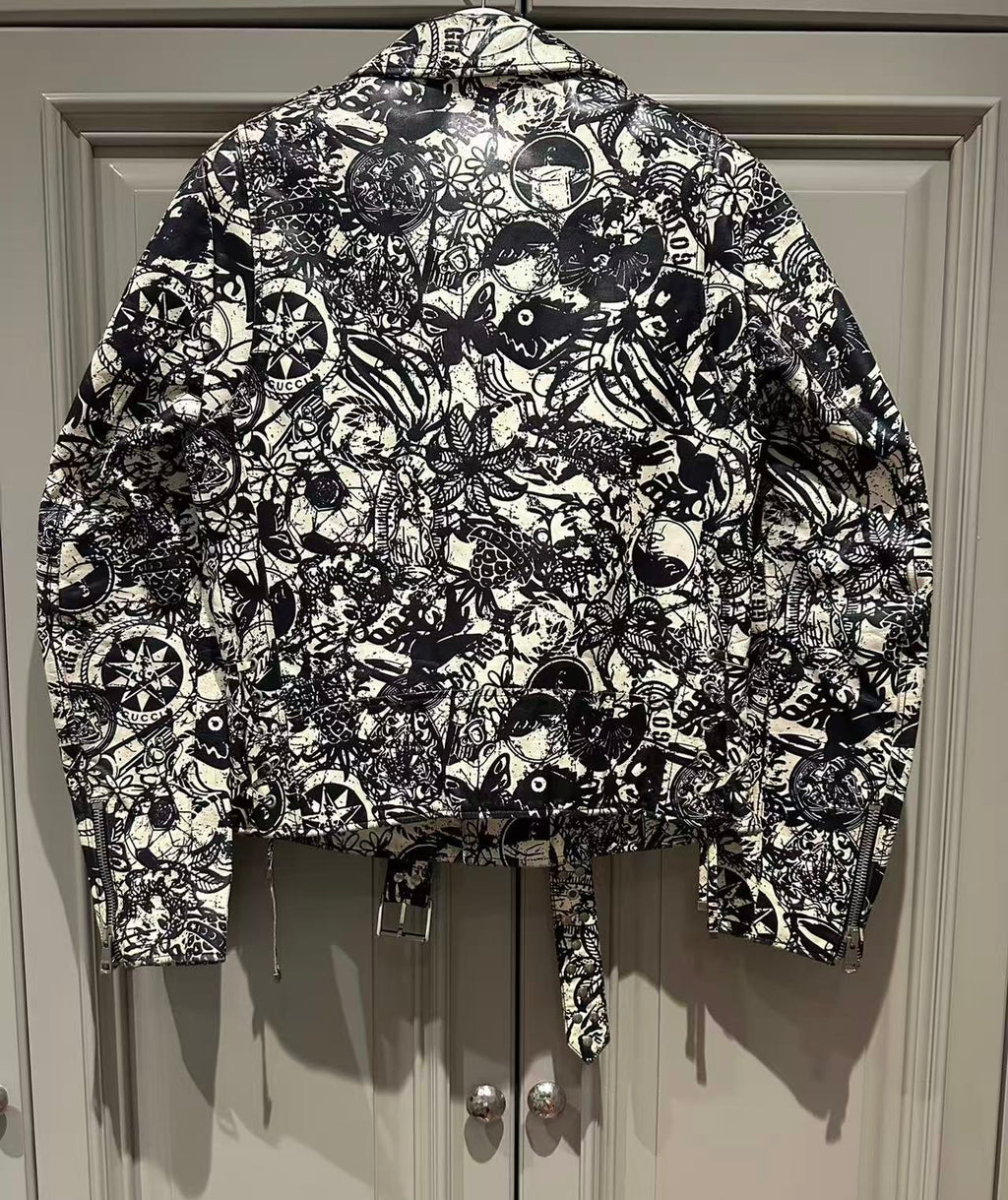 Gucci 18SS Graffiti Bird Print Biker Leather Jacket