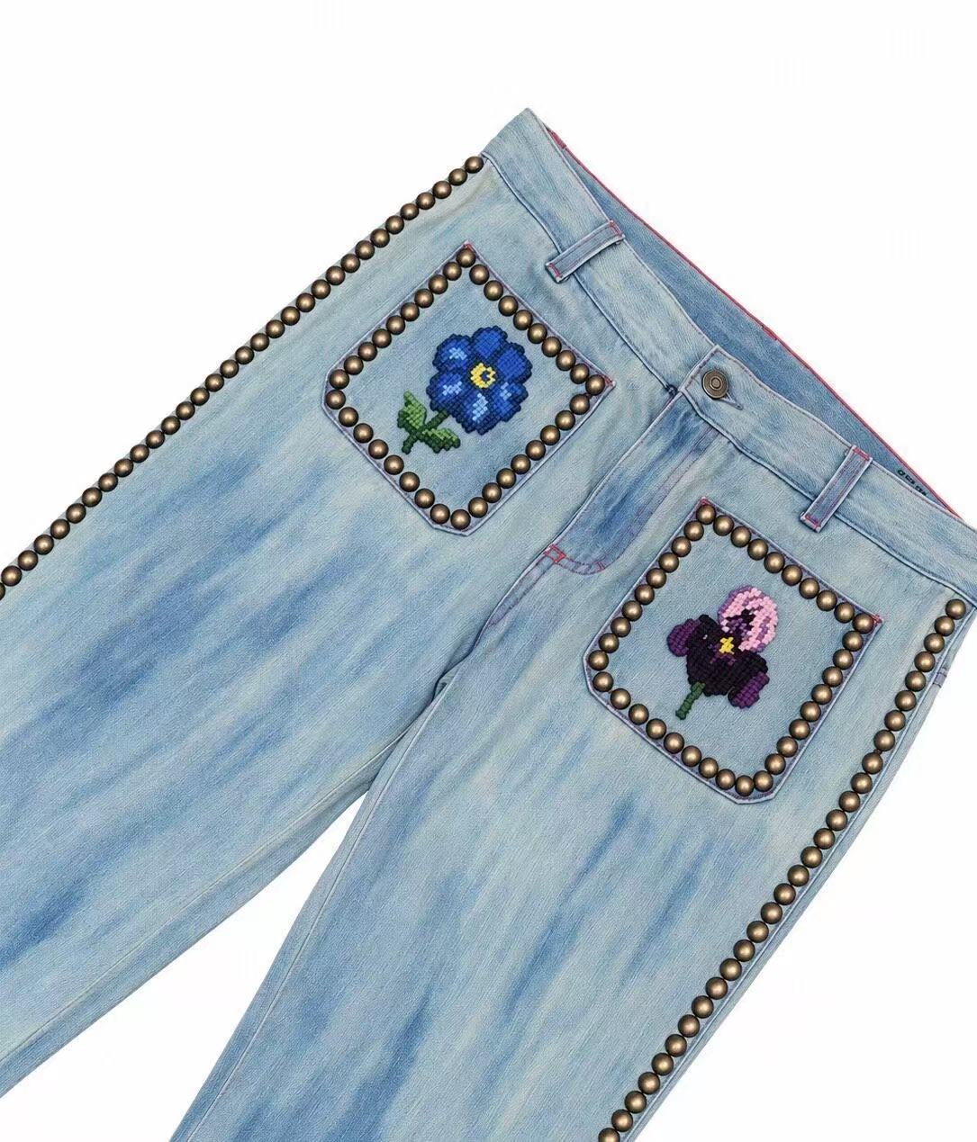 Gucci 17SS Studded Floral Embroidered Flare Jeans
