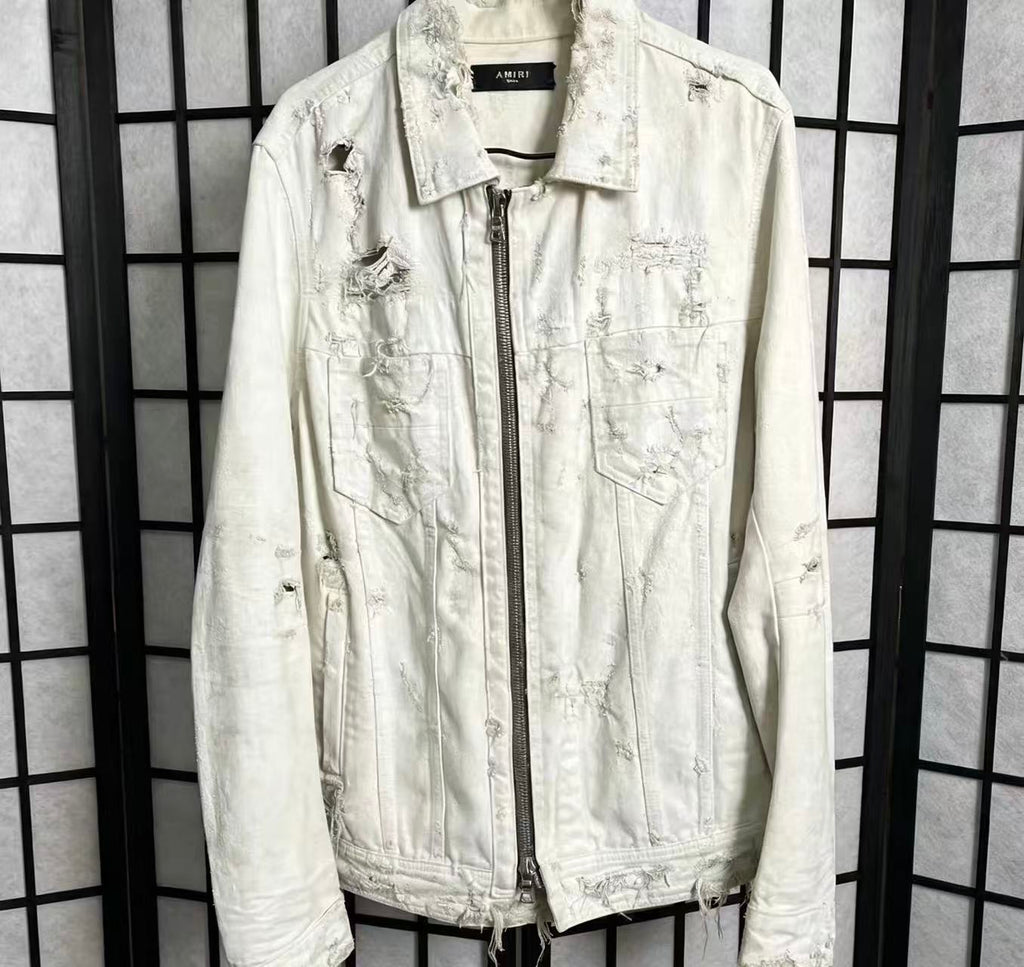 AMIRI 15ss White Heavy Distressed Full Zip Trucker Denim Jacket