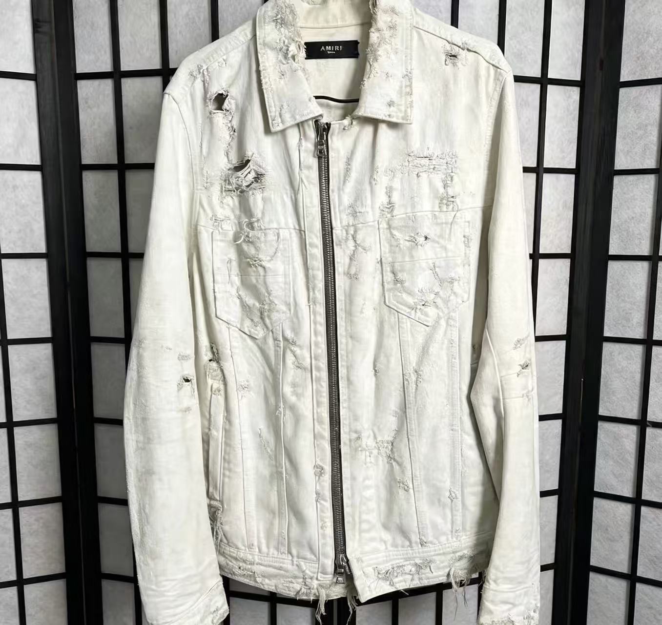 AMIRI 15ss White Heavy Distressed Full Zip Trucker Denim Jacket