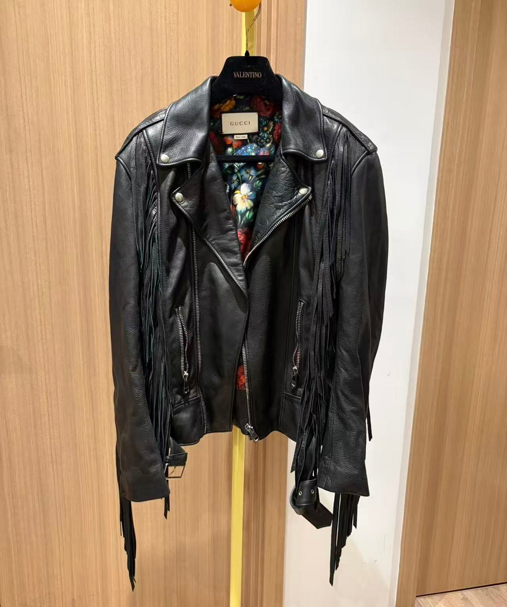 Gucci 17AW Black Leather Fringed Biker Jacket