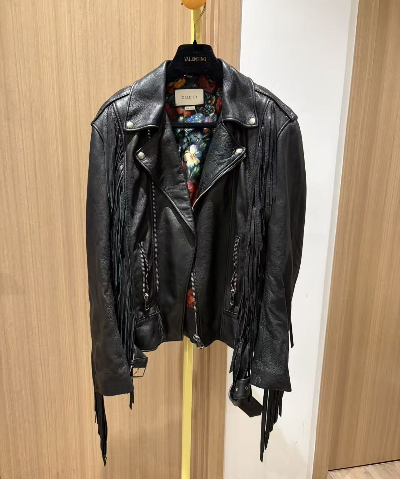 Gucci 17AW Black Leather Fringed Biker Jacket