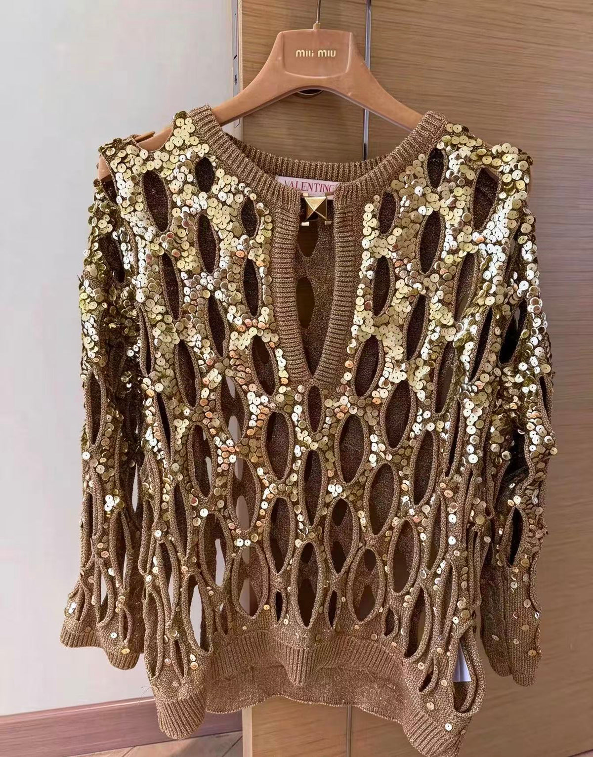 Valentino 23SS Gold Sequin Cut‑Out Open‑Knit Sweater