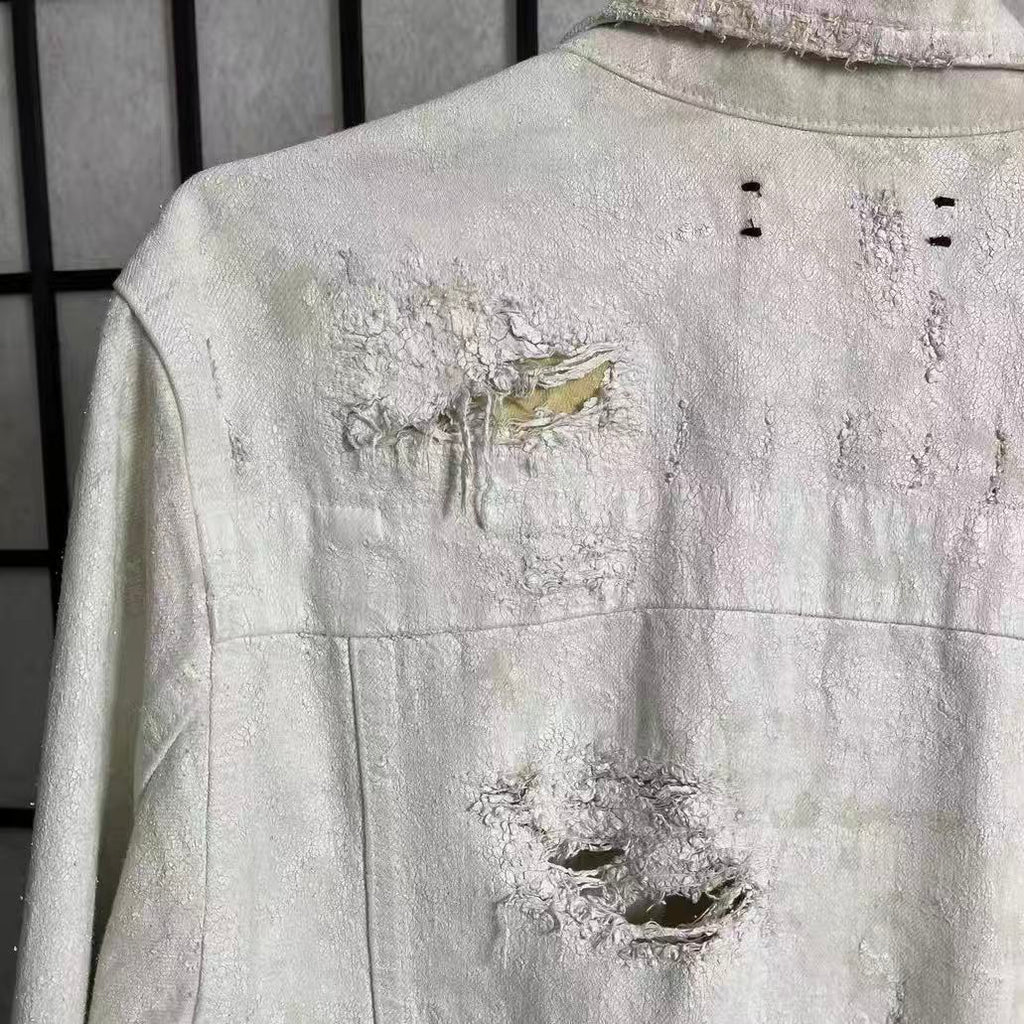 AMIRI 15ss White Heavy Distressed Full Zip Trucker Denim Jacket