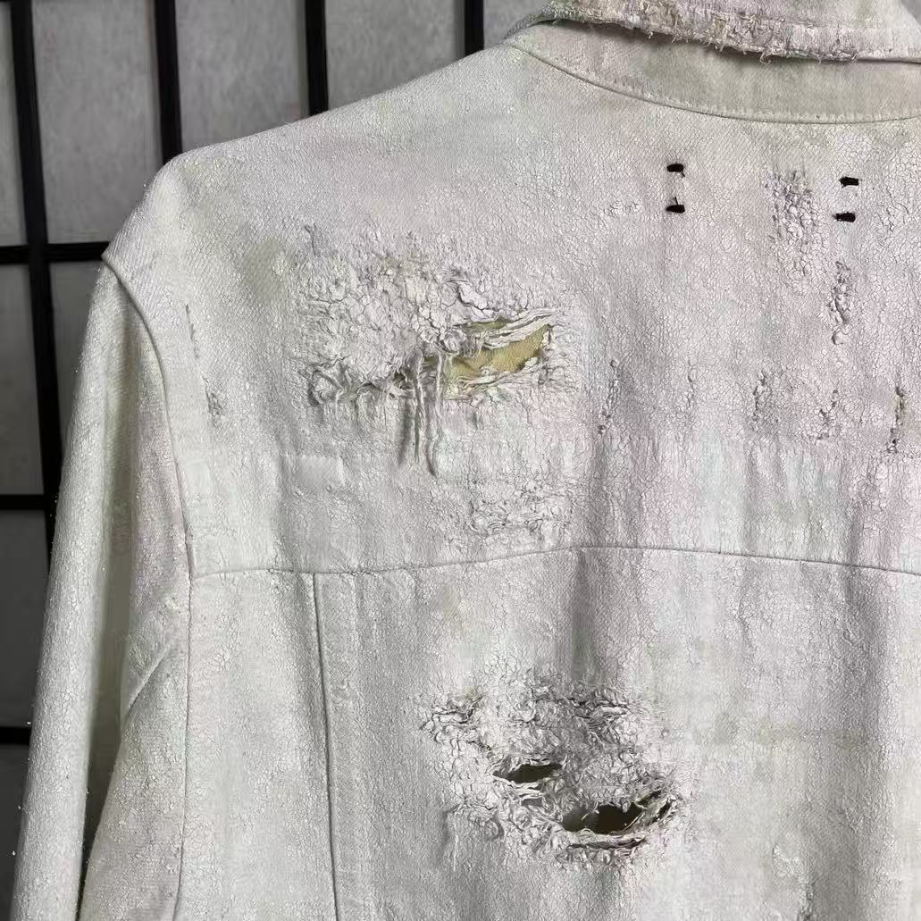 AMIRI 15ss White Heavy Distressed Full Zip Trucker Denim Jacket