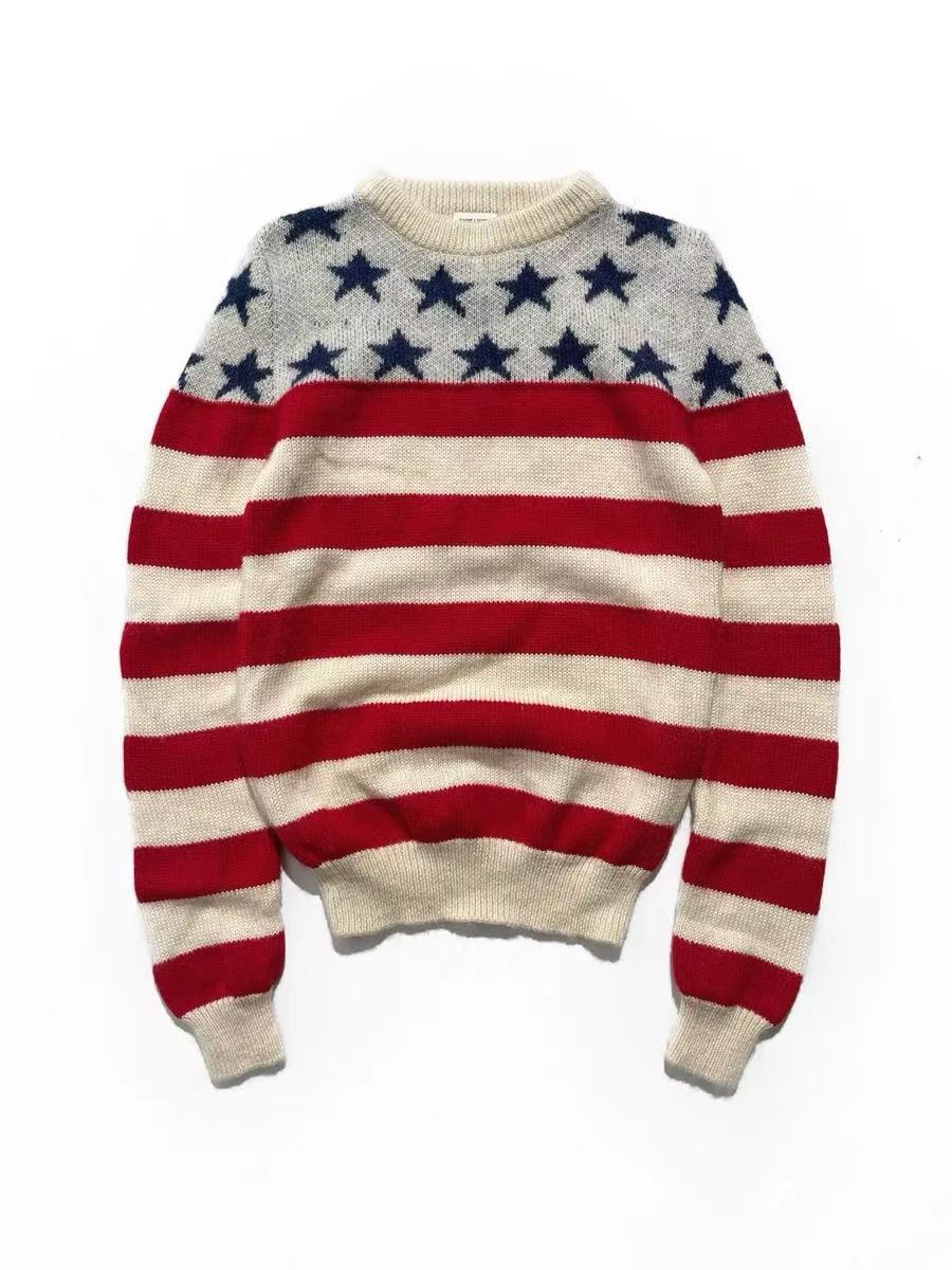 Saint Laurent 18AW American FlagStar‑Stripe Crewneck Sweater