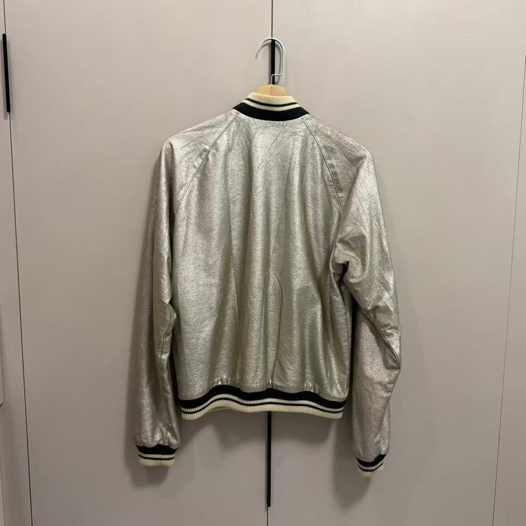 Saint Laurent 14SS Silver Varsity Leather Jacket