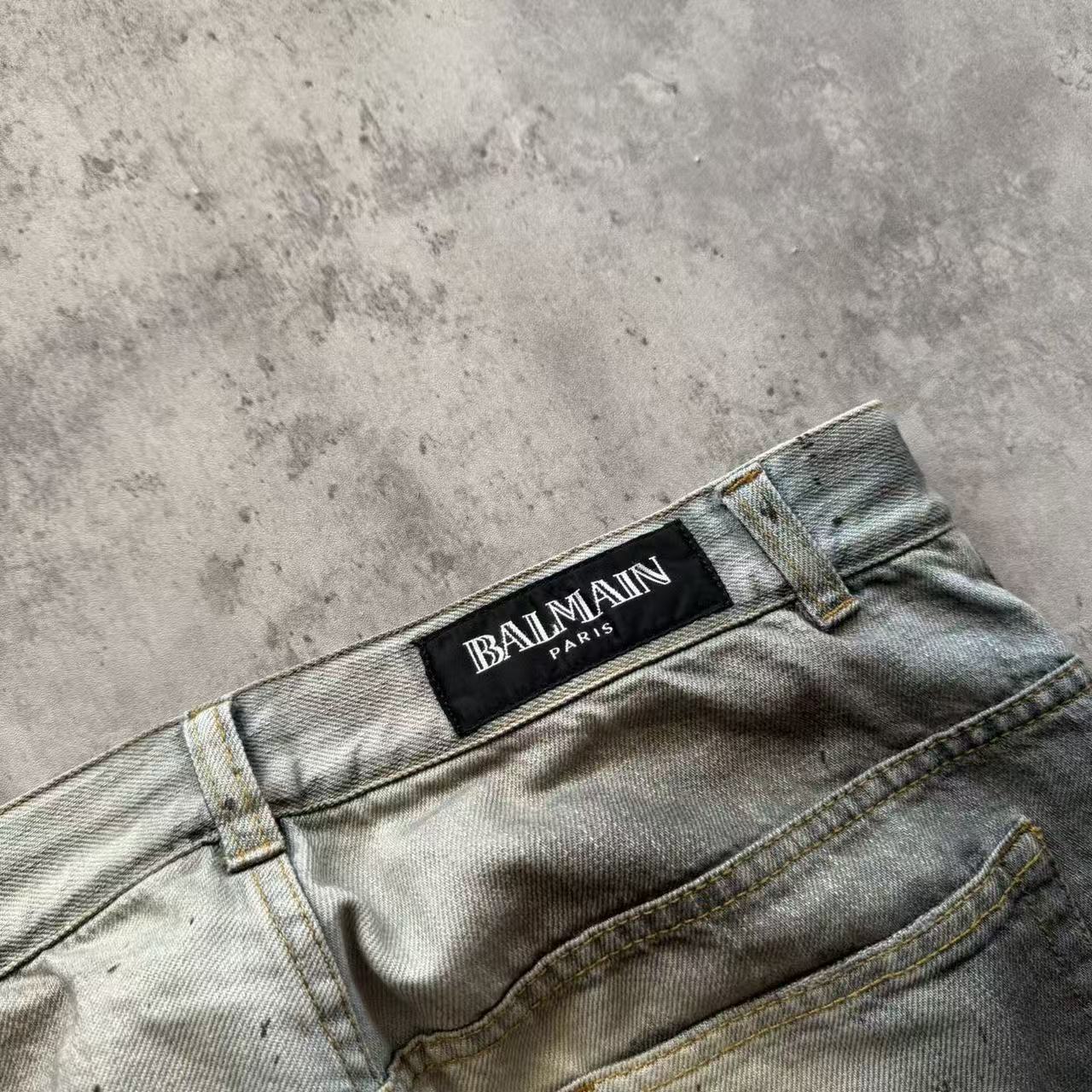 Balmain 11SS Ice Blue Wash Ghost‑Claw Oil‑Stain Splatter Curved Denim Jeans