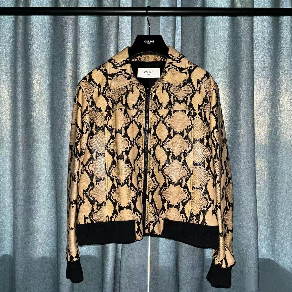 Celine 20SS Runway Python Embossed Bomber Leather Jacket