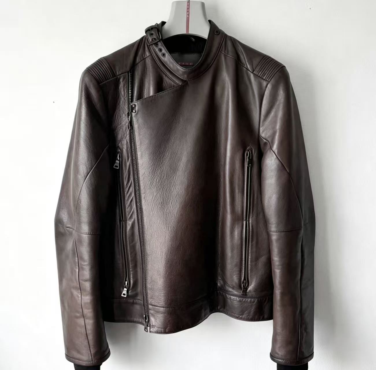 Prada Linea Rossa 2000s brown moto biker leather jacket
