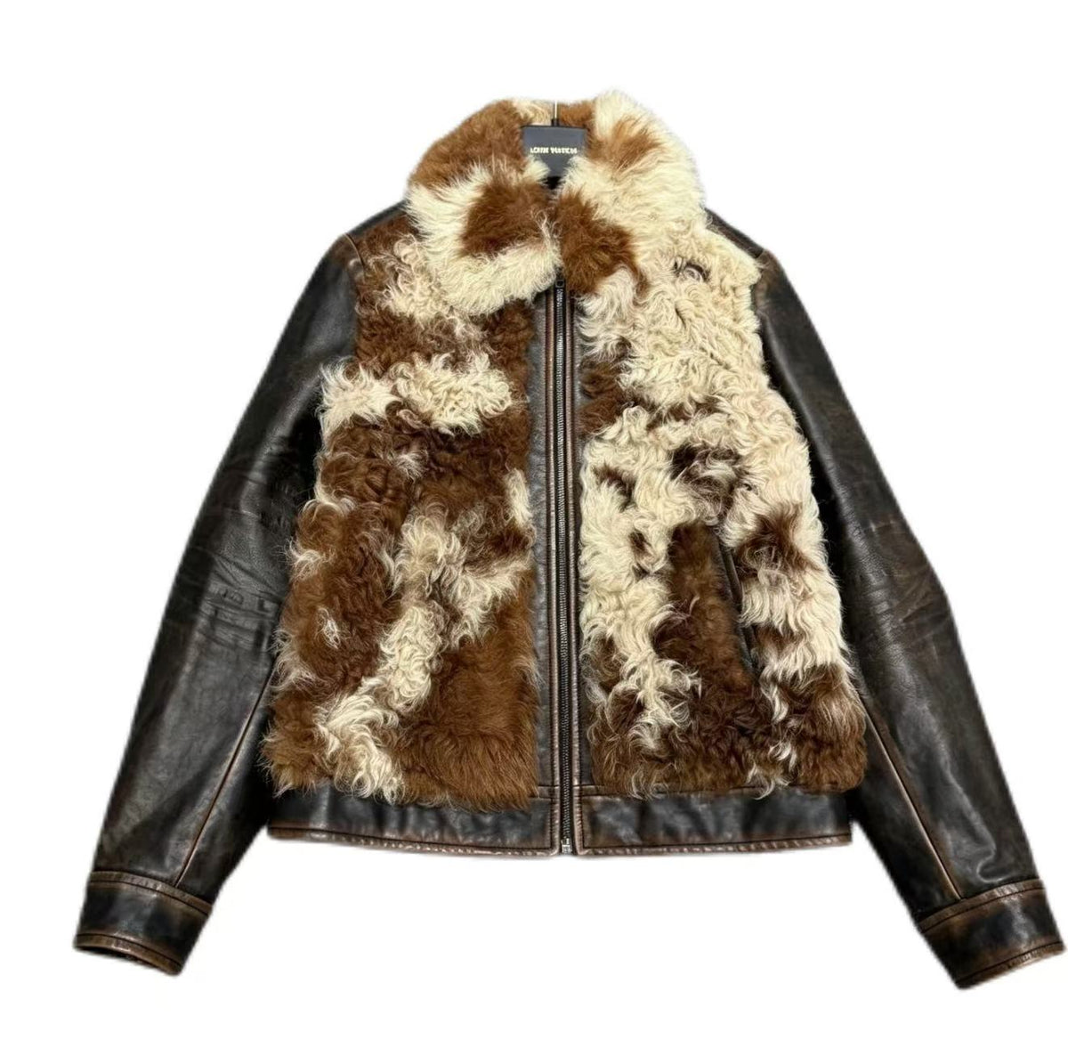 Prada 17AW Colorblock Pattern Shearling Lamb Leather Jacket